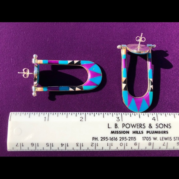 Vintage Native American Zuni - Inlay Earrings in Sterling. - Picture 5 of 8